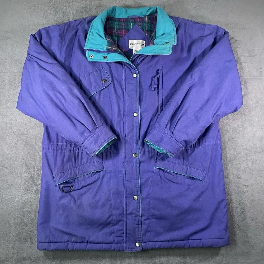 Vintage Cabin Creek Purple Teal Puffer Jacket Plaid Lined Women’s Size Large